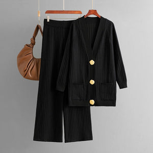 Solid color loose metal button cardigan set + wide - leg pants two - piece set for women - Negative Apparel