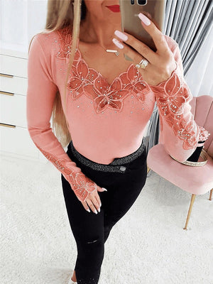 Solid color neckline and cuffs splicing lace lace hot diamond long - sleeved T-shirt top - Negative Apparel