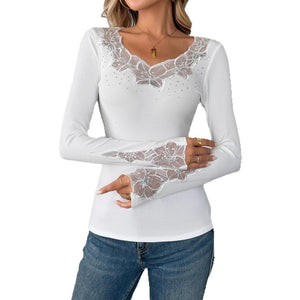 Solid color neckline and cuffs splicing lace lace hot diamond long - sleeved T-shirt top - Negative Apparel