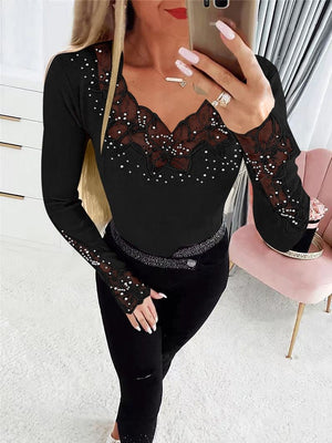 Solid color neckline and cuffs splicing lace lace hot diamond long - sleeved T-shirt top - Negative Apparel