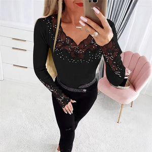 Solid color neckline and cuffs splicing lace lace hot diamond long - sleeved T-shirt top - Negative Apparel