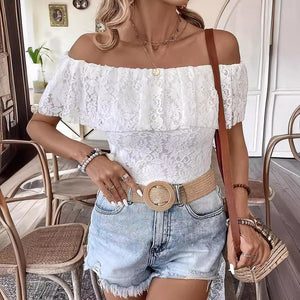 Solid color one - word collar off - shoulder ruffle lace slim - fitting T-shirt short - sleeved top - Negative Apparel