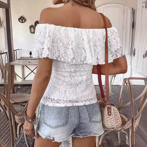 Solid color one - word collar off - shoulder ruffle lace slim - fitting T-shirt short - sleeved top - Negative Apparel