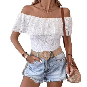 Solid color one - word collar off - shoulder ruffle lace slim - fitting T-shirt short - sleeved top - Negative Apparel