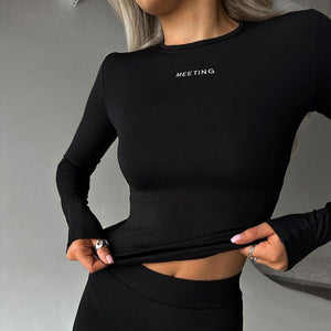 Solid color round neck long sleeve letter print tight inner wear bottoming shirt top - Negative Apparel