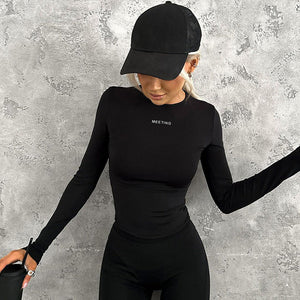 Solid color round neck long sleeve letter print tight inner wear bottoming shirt top - Negative Apparel