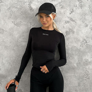 Solid color round neck long sleeve letter print tight inner wear bottoming shirt top - Negative Apparel