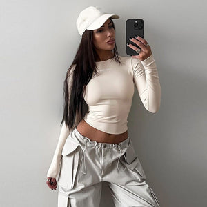 Solid color round neck long sleeve letter print tight inner wear bottoming shirt top - Negative Apparel