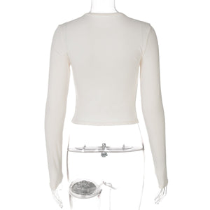 Solid color round neck long sleeve letter print tight inner wear bottoming shirt top - Negative Apparel