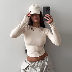 Solid color round neck long sleeve letter print tight inner wear bottoming shirt top - Negative Apparel