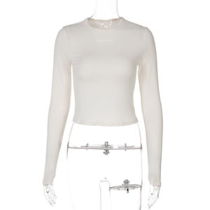 Solid color round neck long sleeve letter print tight inner wear bottoming shirt top - Negative Apparel