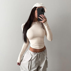 Solid color round neck long sleeve letter print tight inner wear bottoming shirt top - Negative Apparel