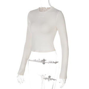 Solid color round neck long sleeve letter print tight inner wear bottoming shirt top - Negative Apparel