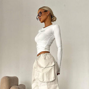 Solid color round neck long sleeve letter print tight inner wear bottoming shirt top - Negative Apparel