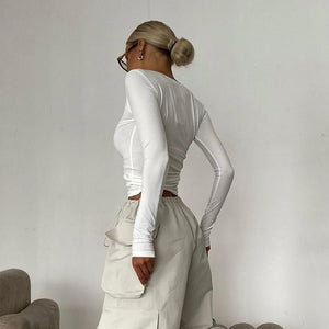 Solid color round neck long sleeve letter print tight inner wear bottoming shirt top - Negative Apparel