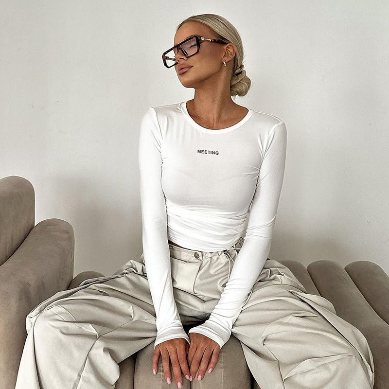 Solid color round neck long sleeve letter print tight inner wear bottoming shirt top - Negative Apparel