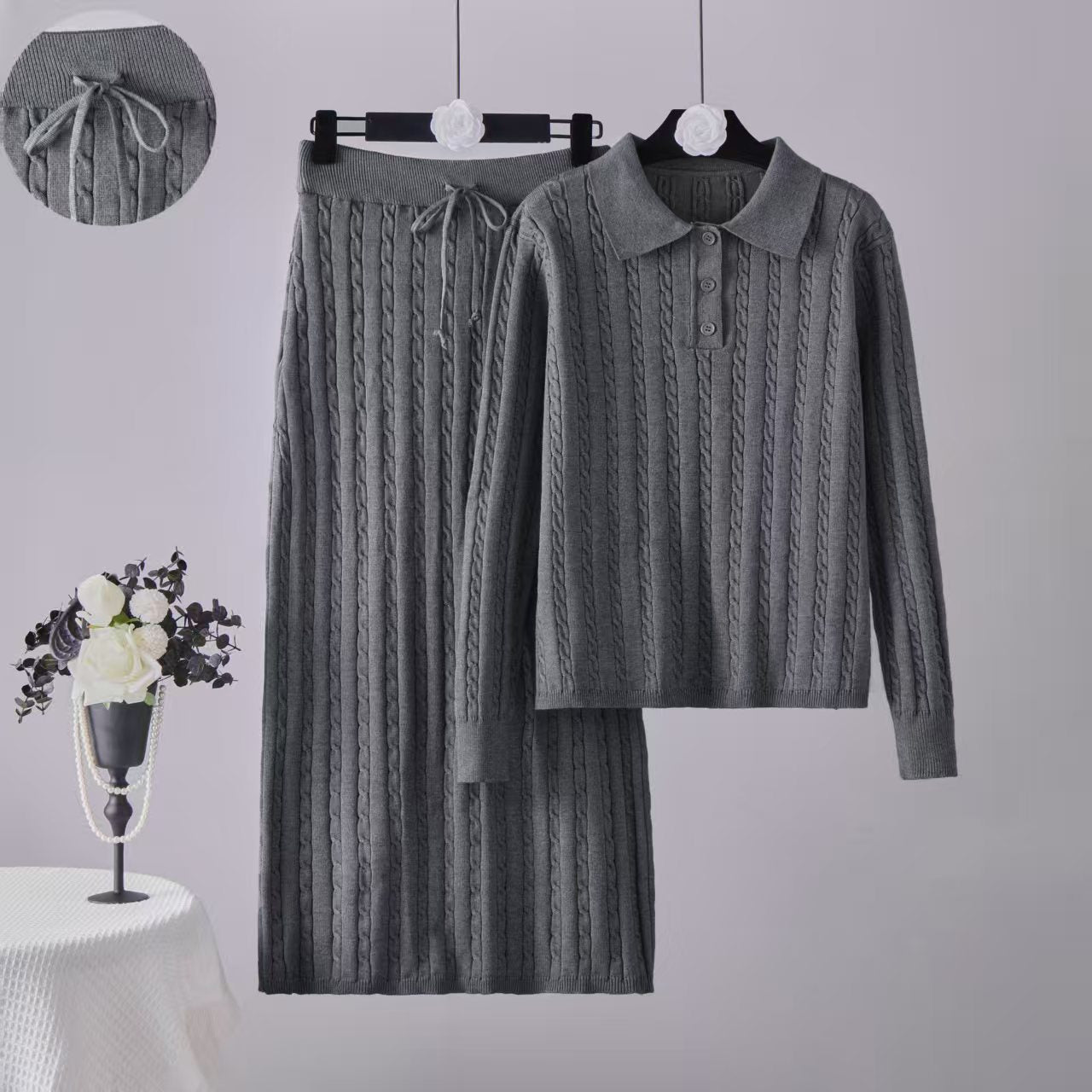 Solid color simple high - end polo neck knitted twist top straight skirt two - piece set - Negative Apparel