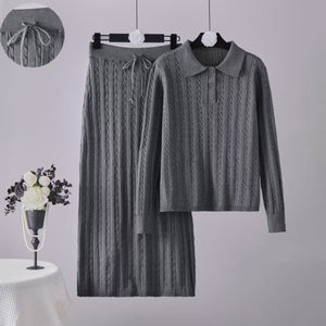 Solid color simple high - end polo neck knitted twist top straight skirt two - piece set - Negative Apparel