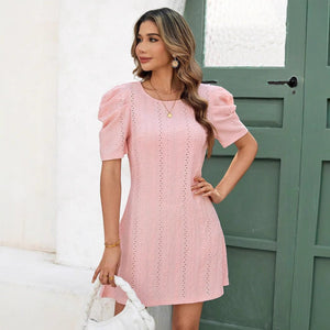 Solid color splicing cuffs round neck simple and generous dress - Negative Apparel