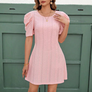 Solid color splicing cuffs round neck simple and generous dress - Negative Apparel