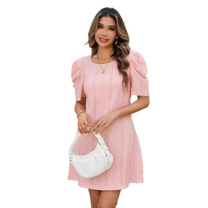 Solid color splicing cuffs round neck simple and generous dress - Negative Apparel