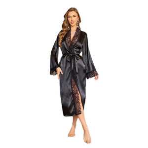 solid - color splicing lace long nightgown robe pajamas women's loungewear bathrobe WP22245 - Negative Apparel