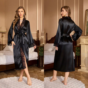 solid - color splicing lace long nightgown robe pajamas women's loungewear bathrobe WP22245 - Negative Apparel