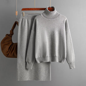 Solid color turtleneck sweater skirt two - piece set knitted suit women - Negative Apparel