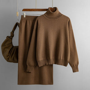 Solid color turtleneck sweater skirt two - piece set knitted suit women - Negative Apparel