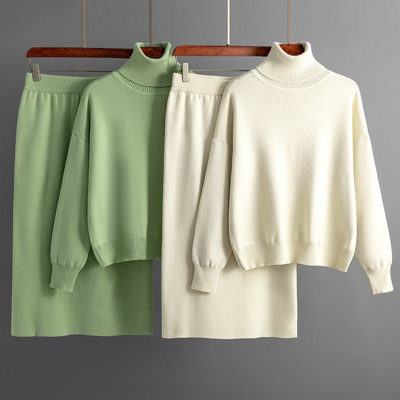 Solid color turtleneck sweater skirt two - piece set knitted suit women - Negative Apparel