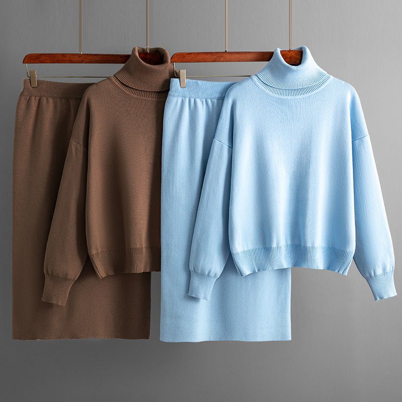 Solid color turtleneck sweater skirt two - piece set knitted suit women - Negative Apparel