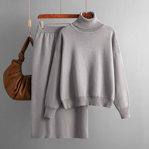 Solid color turtleneck sweater skirt two - piece set knitted suit women - Negative Apparel