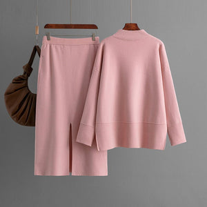 Solid color turtleneck sweater split - ended half - body hip skirt two - piece set - Negative Apparel