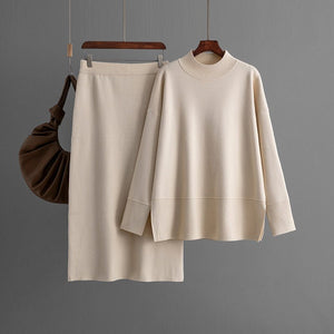 Solid color turtleneck sweater split - ended half - body hip skirt two - piece set - Negative Apparel