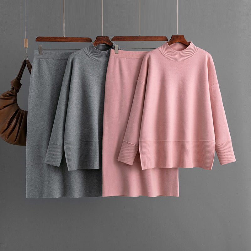 Solid color turtleneck sweater split - ended half - body hip skirt two - piece set - Negative Apparel