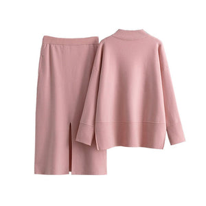 Solid color turtleneck sweater split - ended half - body hip skirt two - piece set - Negative Apparel