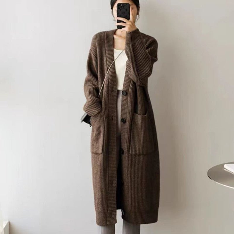 Solid Color V - Neck Pocket Cardigan for Women – Thick Loose Knit - Negative Apparel