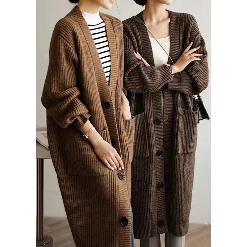 Solid Color V - Neck Pocket Cardigan for Women – Thick Loose Knit - Negative Apparel