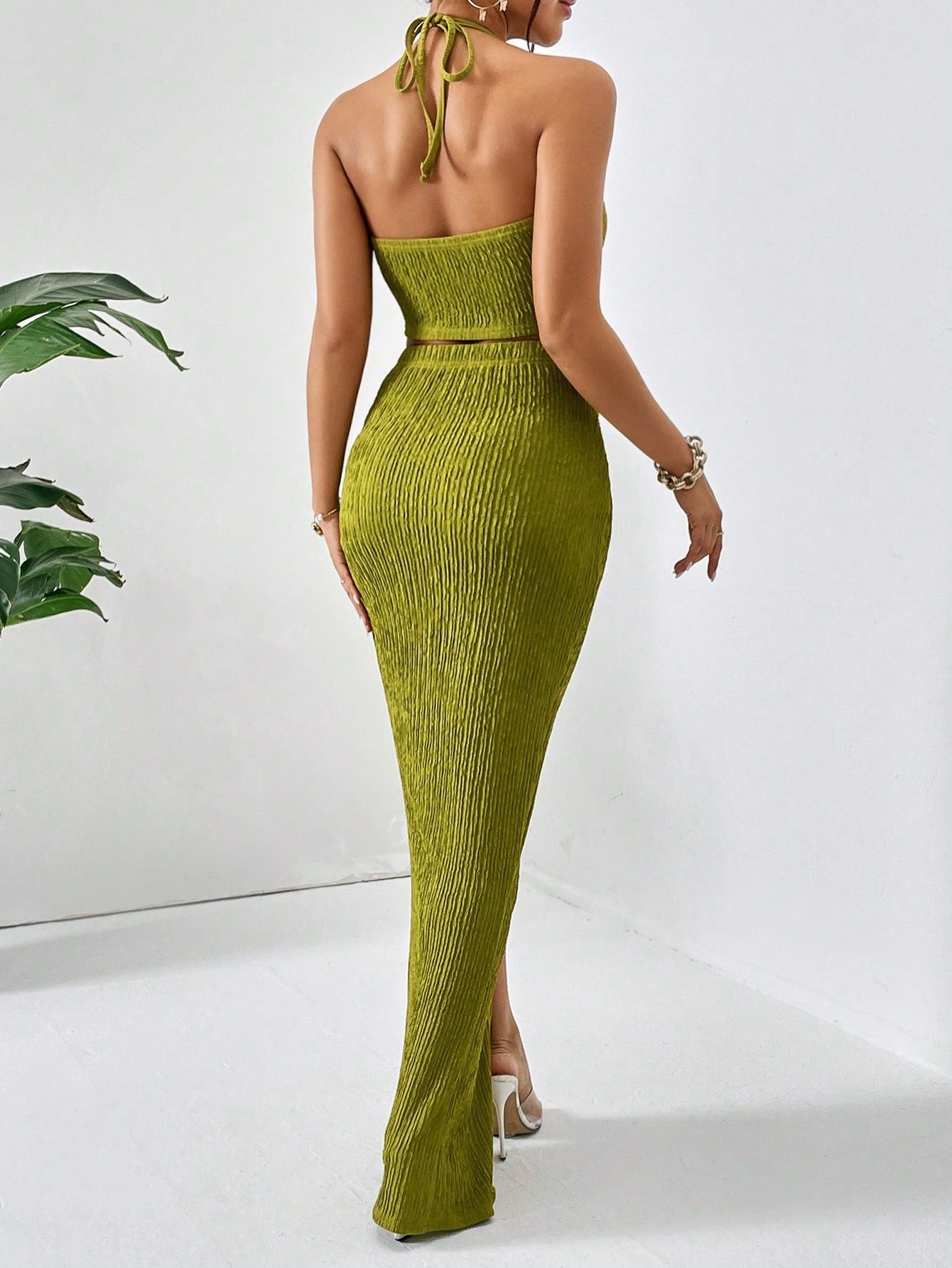 Solid Crop Halter Top & Twist Front Split Thigh Skirt Two Piece - Negative Apparel