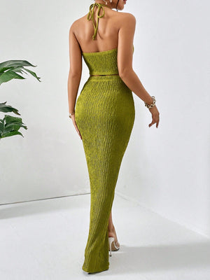 Solid Crop Halter Top & Twist Front Split Thigh Skirt Two Piece - Negative Apparel