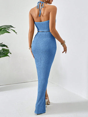 Solid Crop Halter Top & Twist Front Split Thigh Skirt Two Piece - Negative Apparel