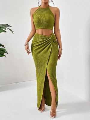 Solid Crop Halter Top & Twist Front Split Thigh Skirt Two Piece - Negative Apparel