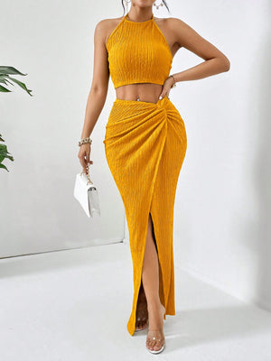 Solid Crop Halter Top & Twist Front Split Thigh Skirt Two Piece - Negative Apparel