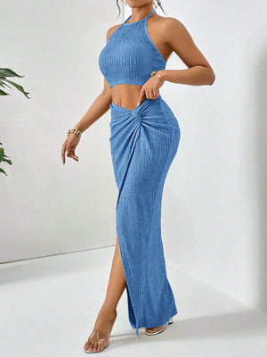 Solid Crop Halter Top & Twist Front Split Thigh Skirt Two Piece - Negative Apparel