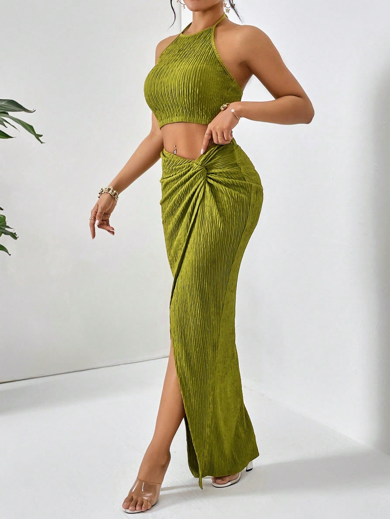 Solid Crop Halter Top & Twist Front Split Thigh Skirt Two Piece - Negative Apparel