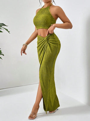 Solid Crop Halter Top & Twist Front Split Thigh Skirt Two Piece - Negative Apparel