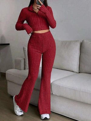 Solid Crop Tee & Flare Leg Pants Two Piece Set - Negative Apparel