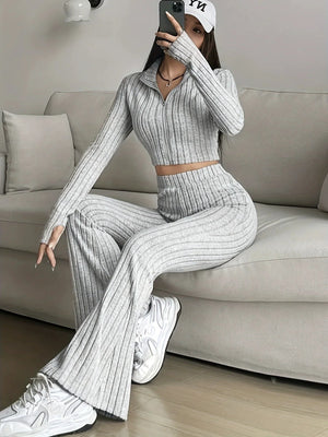 Solid Crop Tee & Flare Leg Pants Two Piece Set - Negative Apparel