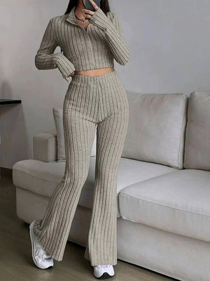 Solid Crop Tee & Flare Leg Pants Two Piece Set - Negative Apparel