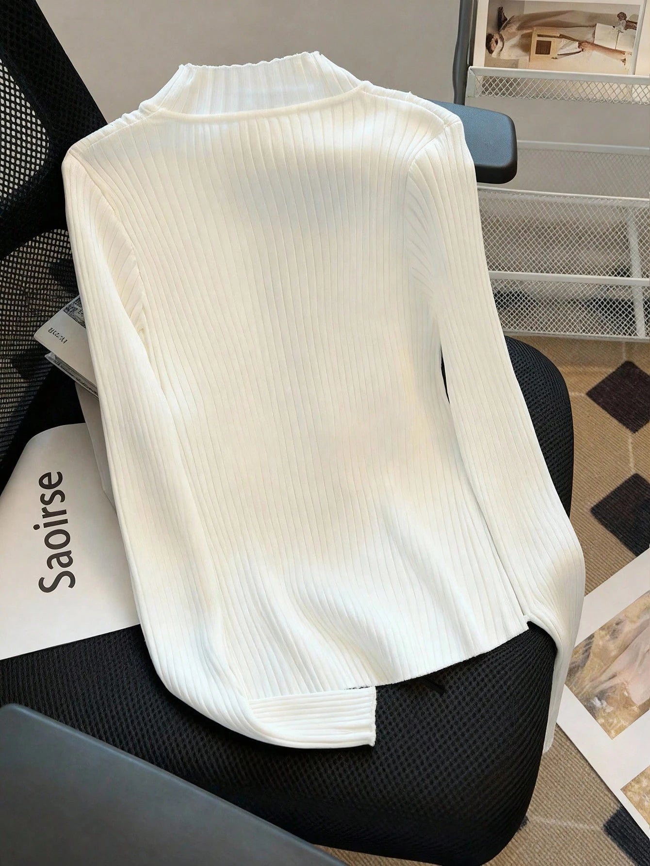 Solid White Stand Collar Long Sleeve Knit T-Shirt FD - Negative Apparel